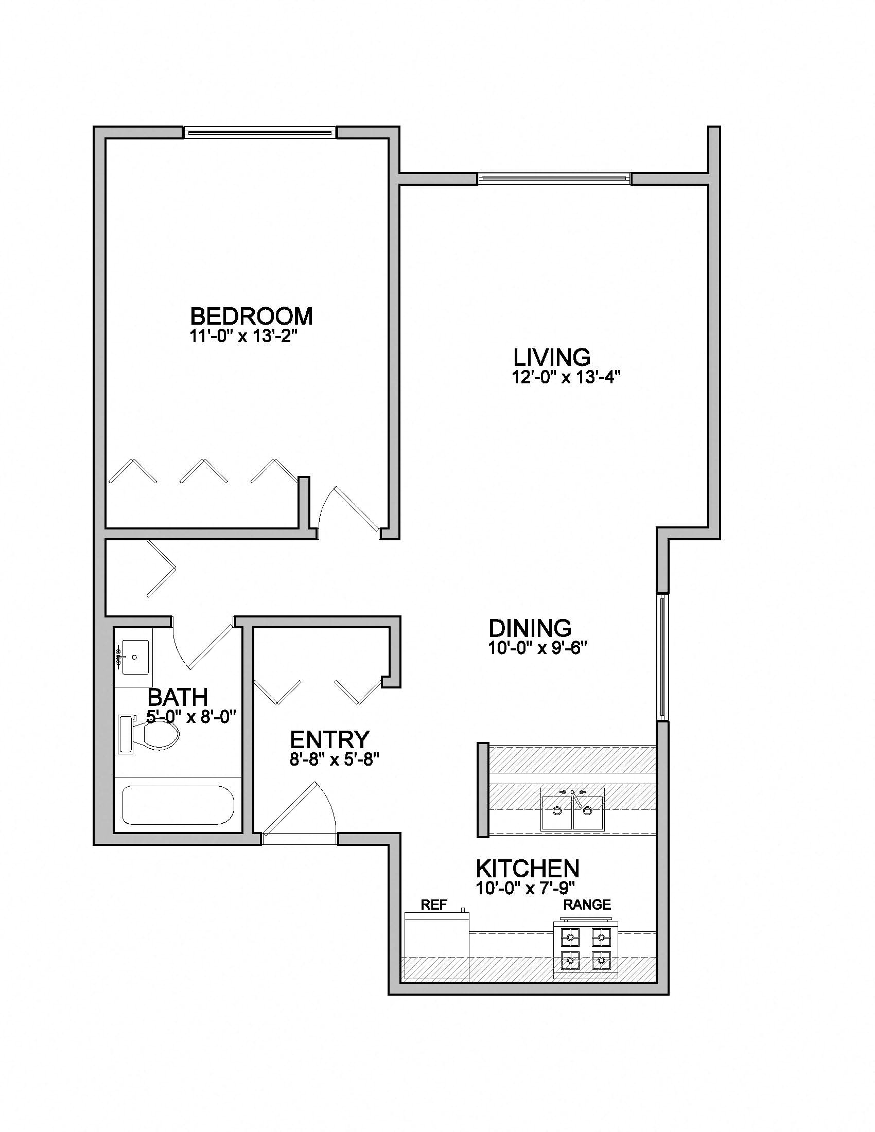 Floor plan for 1 bed, 1 bath, 746 sqft